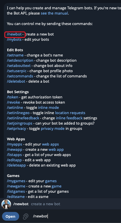 Команда /newbot в чате с BotFather