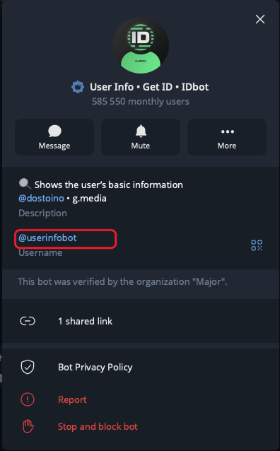 Карточка бота @userinfobot — верифицированный