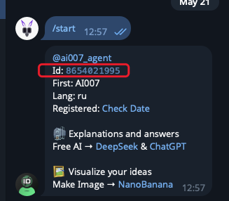 Ответ @userinfobot со строкой Id